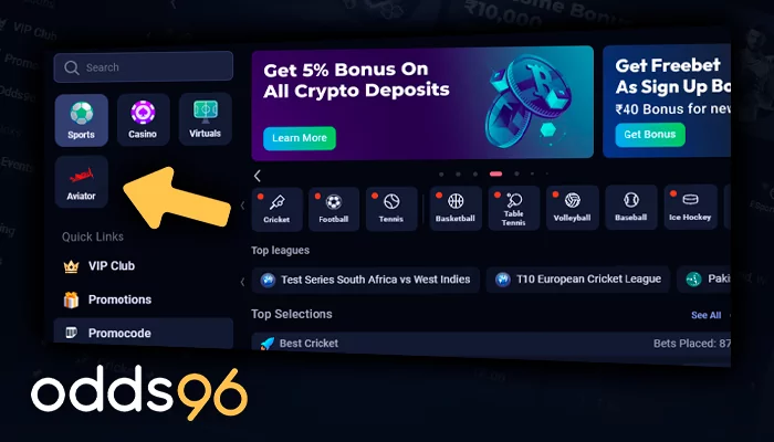 Selecting Aviator in the menu of Odds96