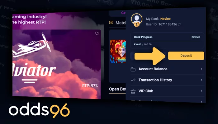 Adding money to your Odds96 account before playing Aviator
