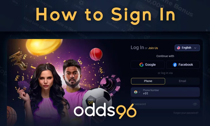 Form to sign in at Odds96 website to start betting