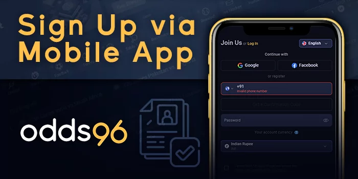 Sign up form in the Odds96 mobile app to start betting