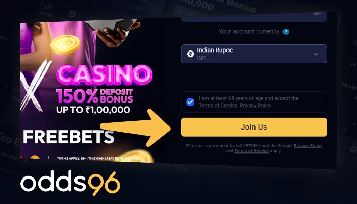 Completing the creation of a new account on Odds96