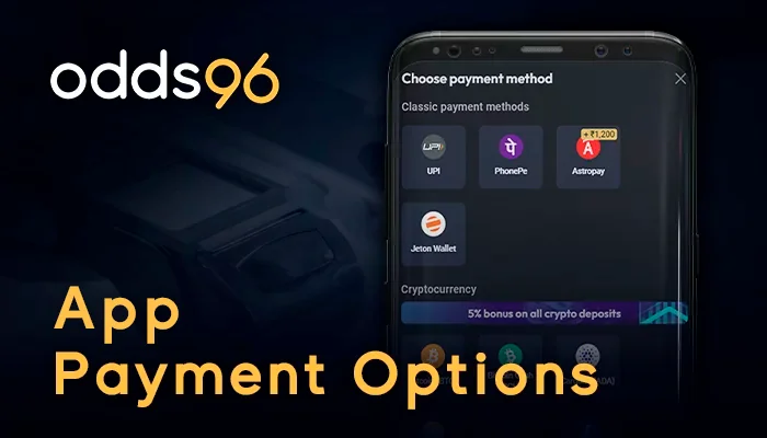 Payment options in Odds 96 app: Deposit, Withdrawal methods