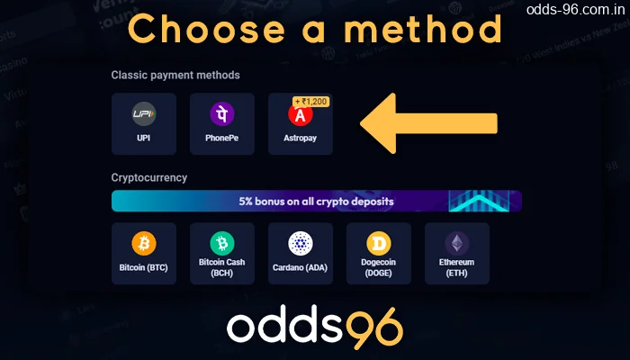 Choosing the payment method for depositing on Odds96