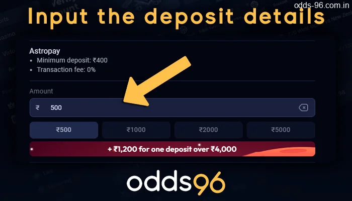 Entering data for a deposit on Odds96