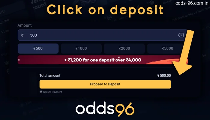 Completing the top up process at Odds96