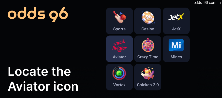 Find the Aviator icon on Odds96
