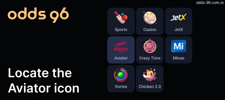 Find the Aviator icon on Odds96