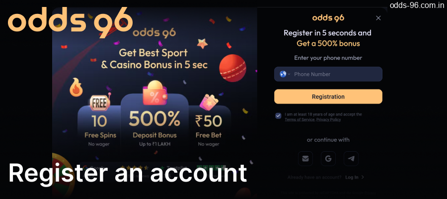 Create an account on the Odds96 website