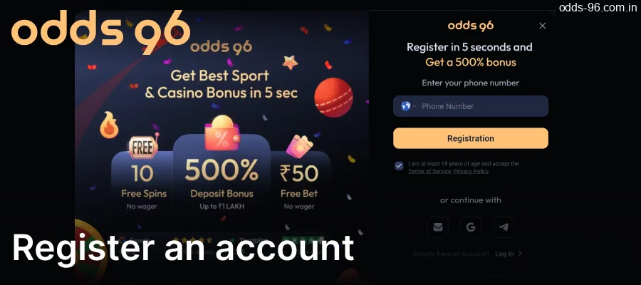 Create an account on the Odds96 website