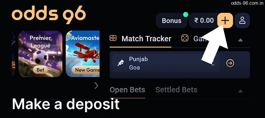 Make your deposit on the Odds96 website