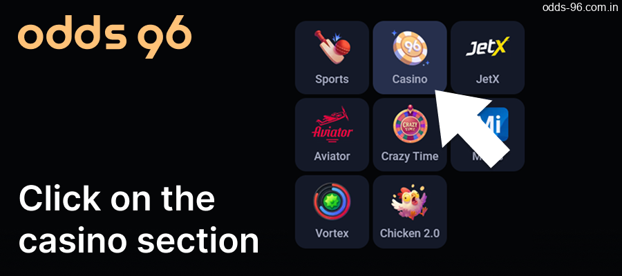 Click on the Casino section to access the Odds96 various games