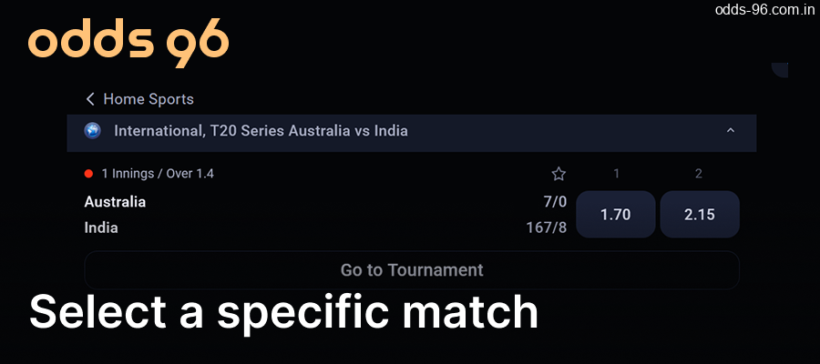 Select a specific Kabaddi match on the Odds96 website