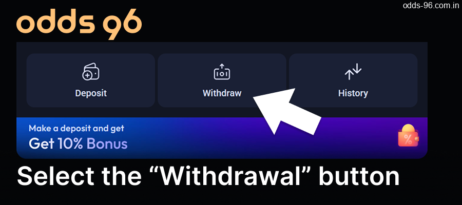 On the Odds96 website, select the "Withdrawal" button
