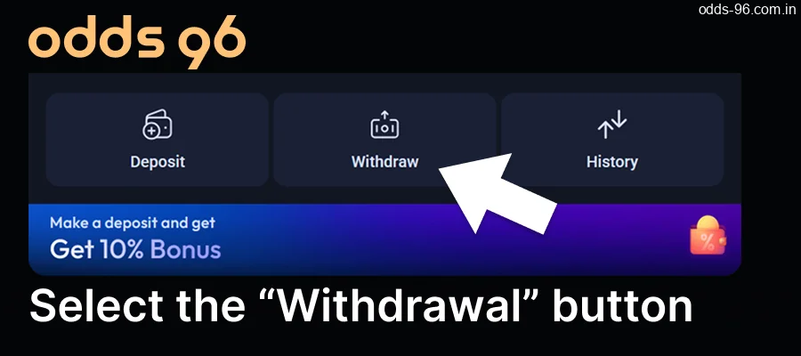 On the Odds96 website, select the "Withdrawal" button