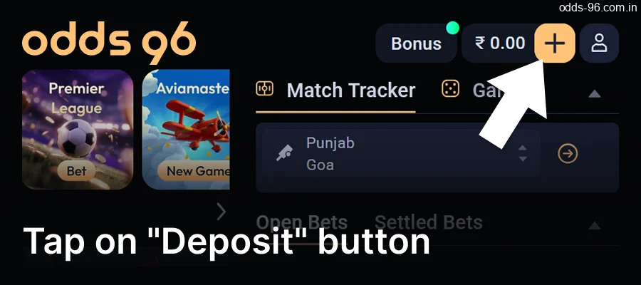 Tap on "Deposit" button on the Odds96 website