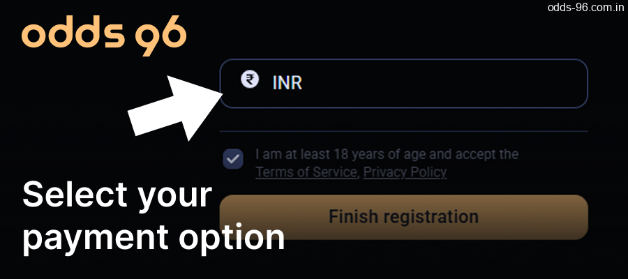 Select your payment option on the Odds96 website