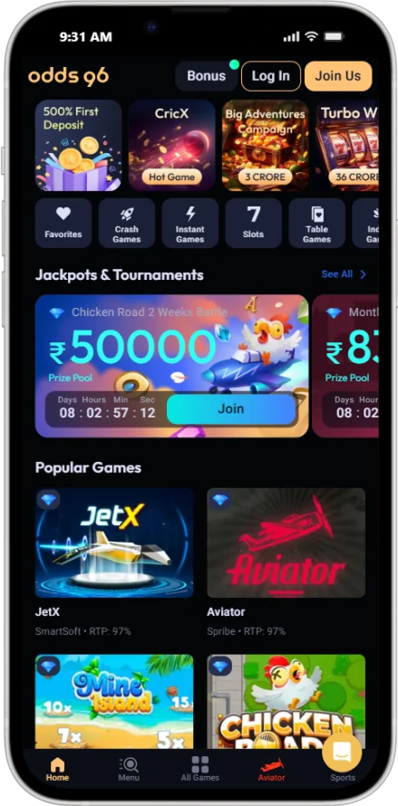 Screenshot of the Odds96 App Casino page
