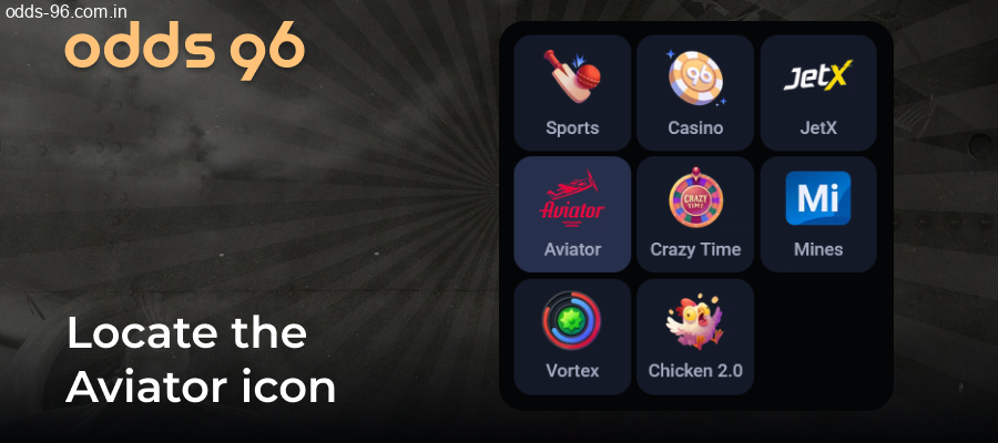 Finding Aviator icon in Odds96 menu