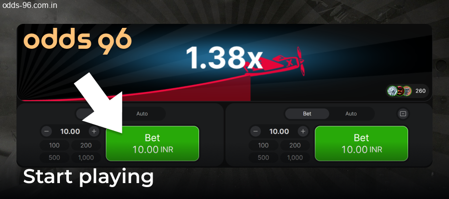 Placing bets on Odds96 Aviator game