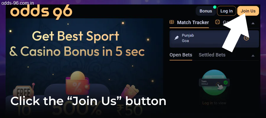 Clicking sign up on Odds96
