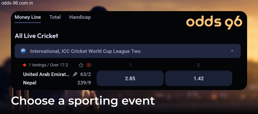 Choosing cricket category on Odds96 platform