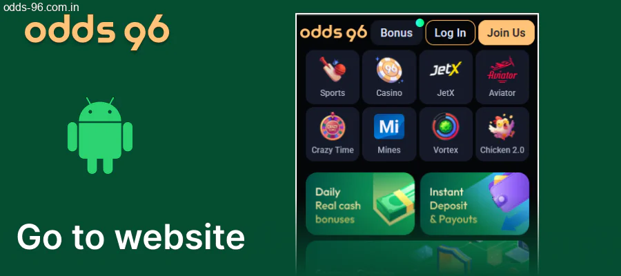 Opening Odds96 site in a mobile browser