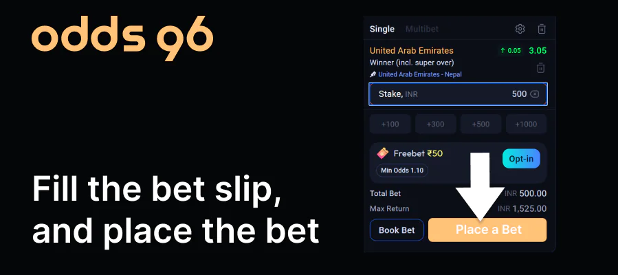 Fill bet slip and wager on Odds96