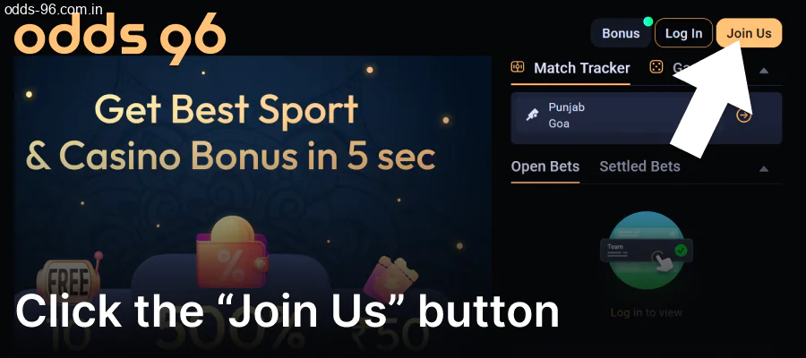 Click Join Us to start at Odds96