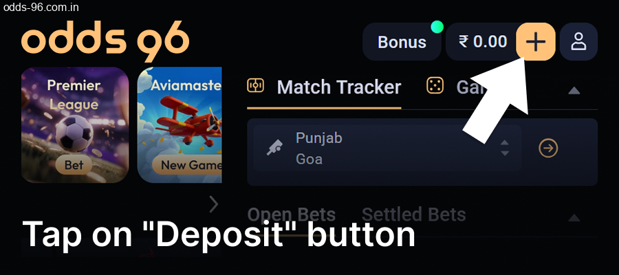 Tap deposit button to add Odds96 funds