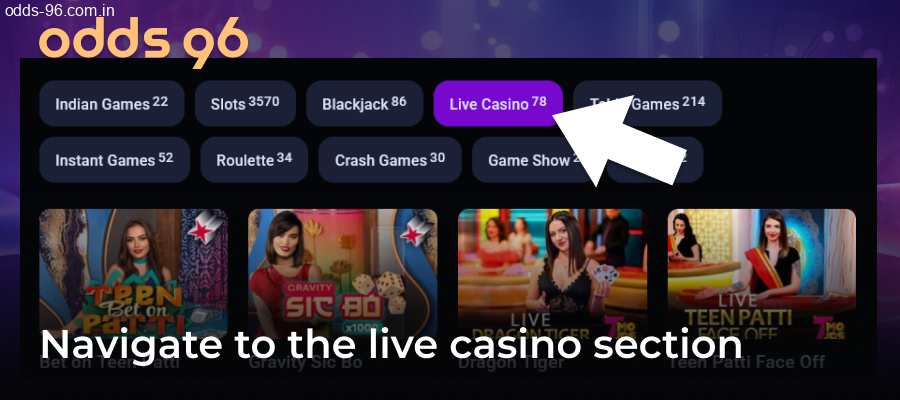 Finding live casino at Odds96