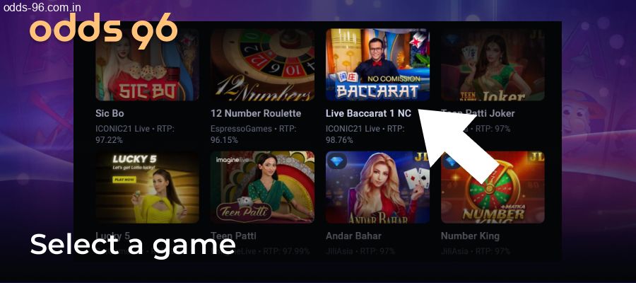 Choosing live baccarat on Odds96