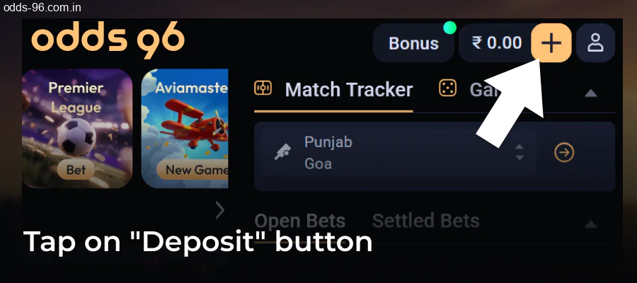 Clicking deposit button on Odds96