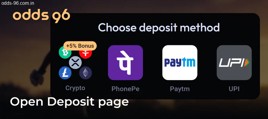 Opening Odds96 site deposit interface