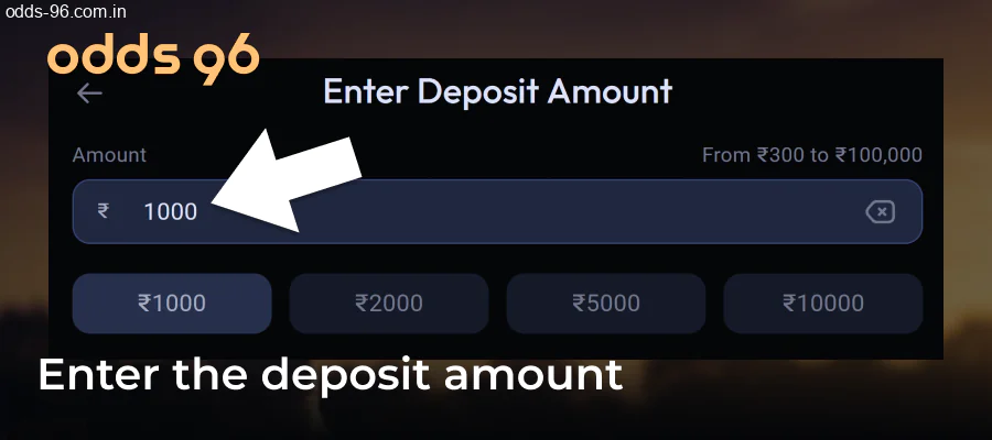 Entering deposit amount at Odds96