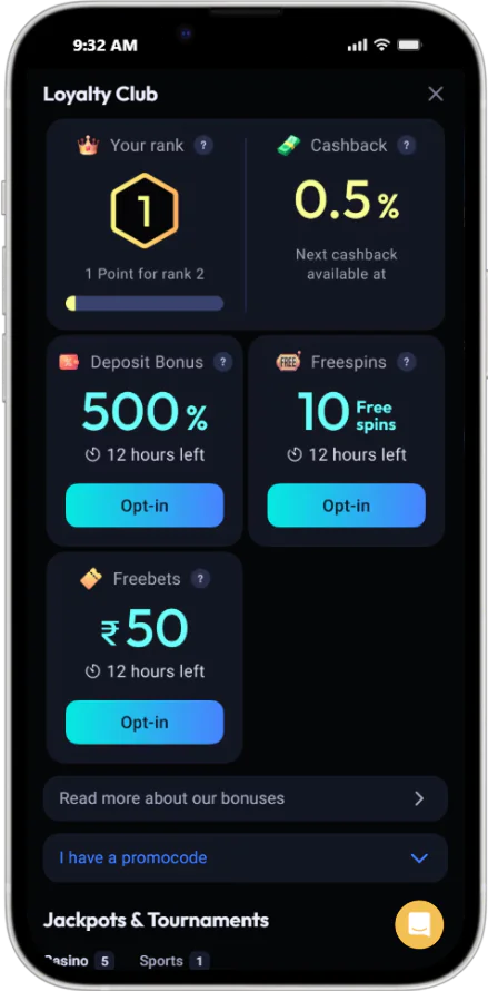 Screenshot of the Odds96 App Bonuses page