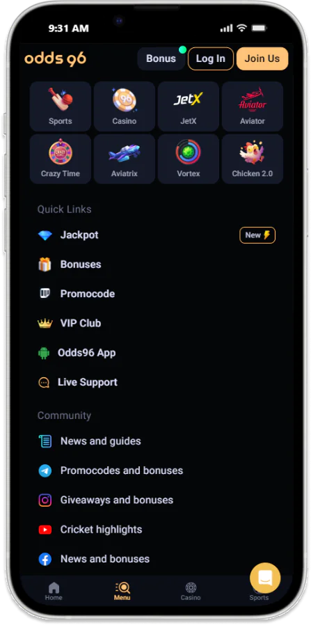 Screenshot of the Odds96 App Menu