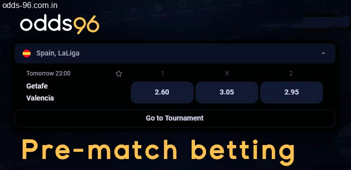 Prematch betting on sporting events at Odds96