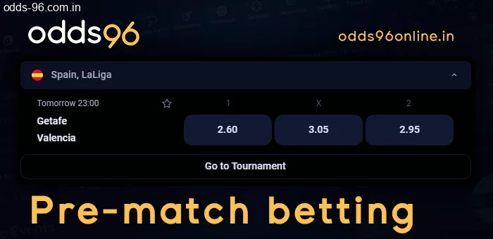 Prematch betting on sporting events at Odds96
