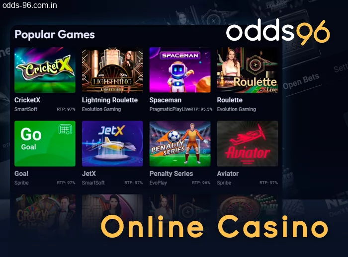 Online Casino popular games section at Odds96