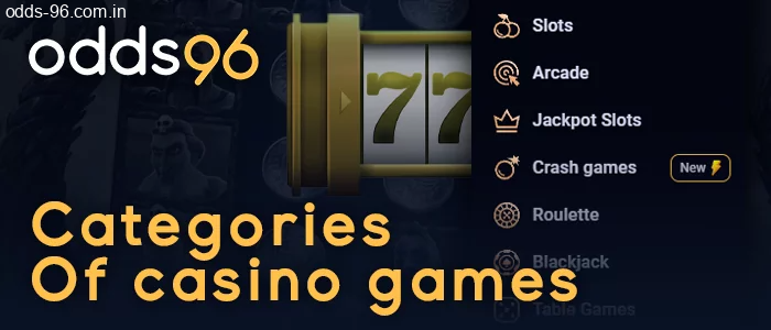 Categories of Odds96 casino games - slots, arcade, jackpot, crash games, roulette, blackjack